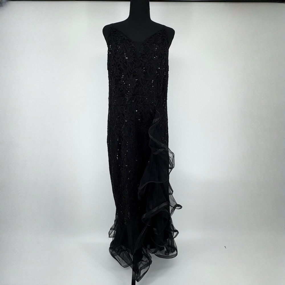 Candalite Womens 1X Black Lace Sequin Evening Gown Dress Formal Ruffled Hem Maxi